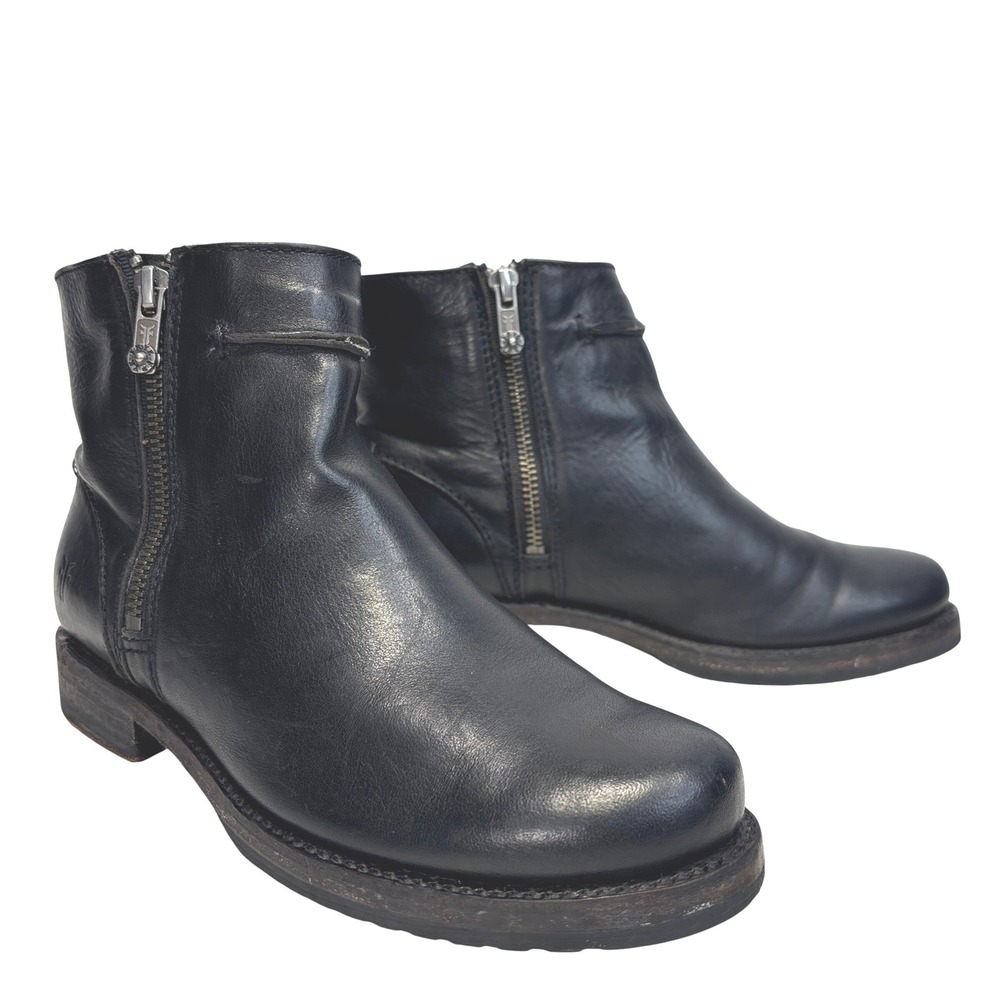 Frye Veronica Seam Short Black Leather Ankle Boots Double Side Zip Size 6.5